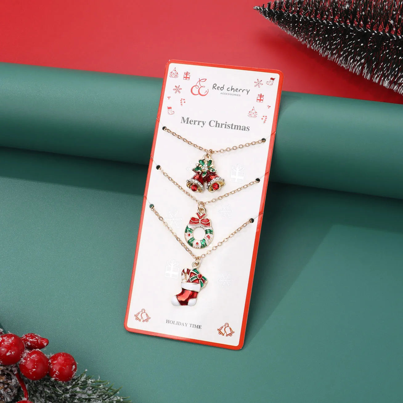 Wreath, Stocking and Jingling Bell Pendant With Chain.