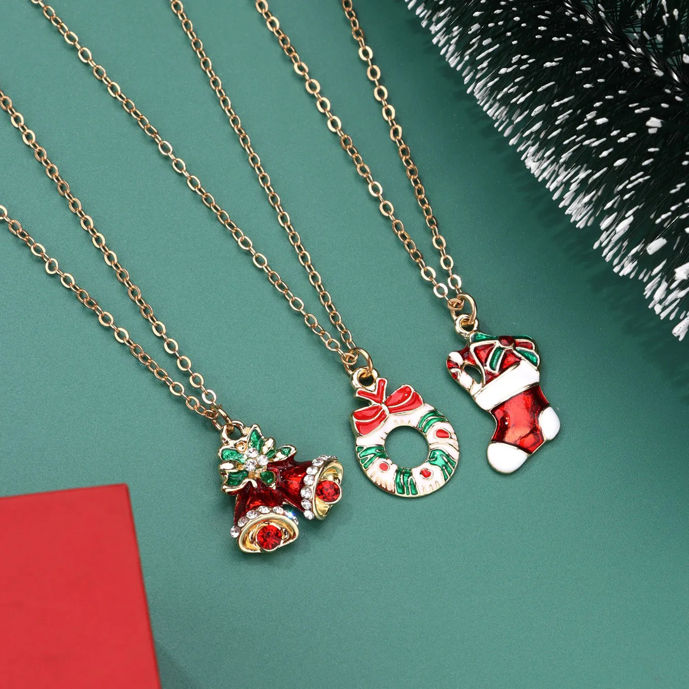Wreath, Stocking and Jingling Bell Pendant With Chain.